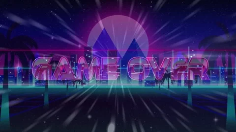 Radial sun beams pulsing, chrome neon GAME OVER title appearing, streaks Stock Footage 333301031