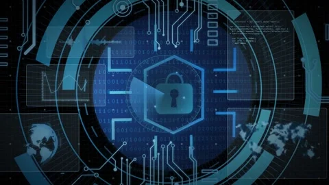 Radial sweep starting, circular security HUD expanding, rotating, revealing hex Stock Footage 335739716