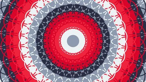 Radial symmetrical design featuring layered circular motifs in red, navy, gra Illustrazione stock