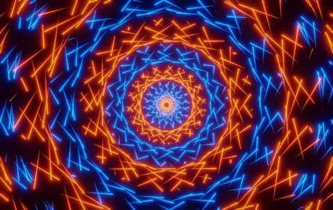  Radial symmetrical neon pattern, lines glowing pink and blue. Radial symm... Stock Photos