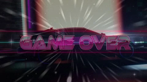 Radial warp starting 3D GAME OVER forming, scanlines slicing letters, car Stock Footage 333631733