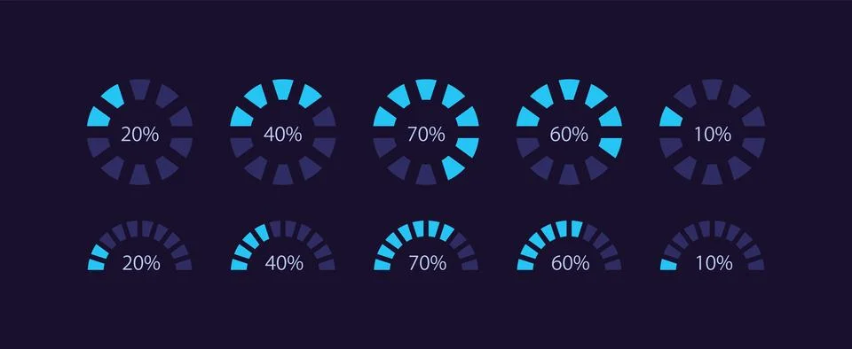Radial wheel progress infographic chart design template set for dark theme Illustrazione stock