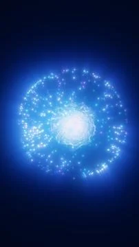 Radiant blue energy sphere surrounded by sparkling particles and a glowing .. Illustrazione stock
