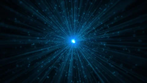 Radiant blue particle explosion glowing center, long light rays, and dark cinema Stock Footage 340565668
