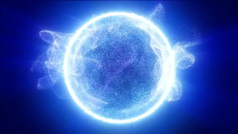 Radiant blue particle sphere surrounded by sparkling clouds and intense glo.. 스톡 일러스트