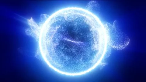 Radiant blue particle sphere surrounded by sparkling clouds and intense glowi イラスト素材