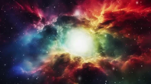 A radiant cosmic cloud bursts with a spectrum of colors amidst the stars. Stock Footage 259174594
