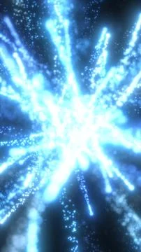 Radiant explosion of glowing blue particles and beams bursting outward in a d Stock Illustration
