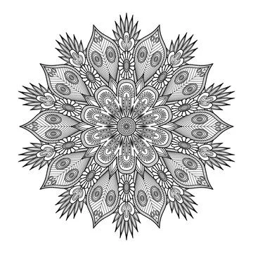 A radiant flower mandala expands across the page with ornate leaves and lay.. 스톡 일러스트