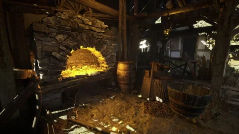 Radiant forge surrounded by scattered coins and aged wooden tools in workshop Stock Footage 340665699