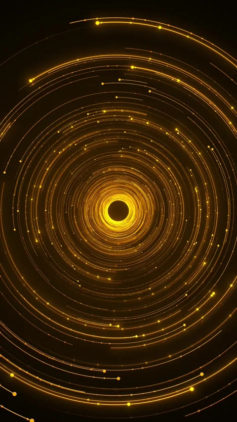 Radiant gold circular vortex made of orbit tracks, bright nodes, core, and layer Stock Footage 340403149