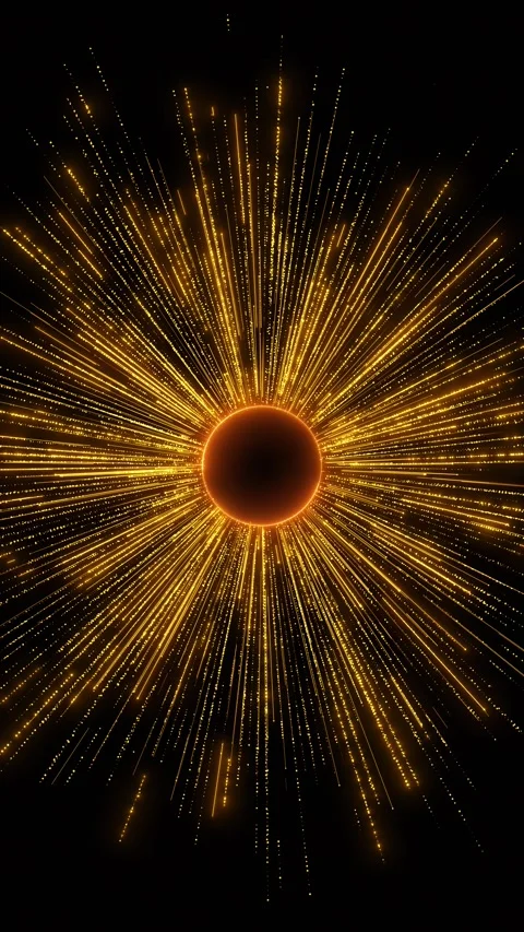 Radiant gold eclipse burst long sparkling beams, glowing particle lines, deep Stock Footage 334121411