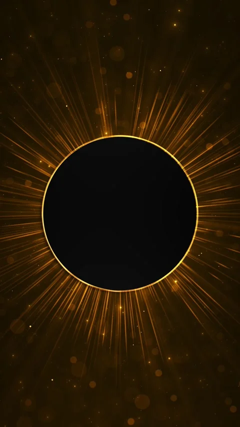 Radiant gold solar ring dark center, bright light rays, glowing particles, cinem Stock Footage 340472279