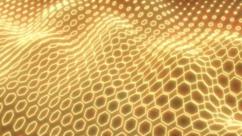 Radiant golden hexagonal light wave with a glowing futuristic mesh, symboli.. イラスト素材
