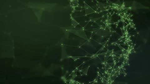 A radiant green network of connected facets curves into a globe-like form a.. Stock Illustration