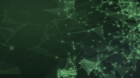 Radiant green nodes and angular translucent shapes gather along the right s.. Stock Illustration