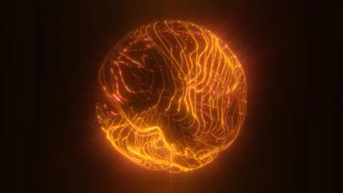 Radiant orange digital sphere with glowing plasma-like threads and flickering Ilustración de archivo