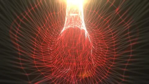 Radiant red digital wireframe forming a funnel-shaped burst of light, creat.. Stock Illustration