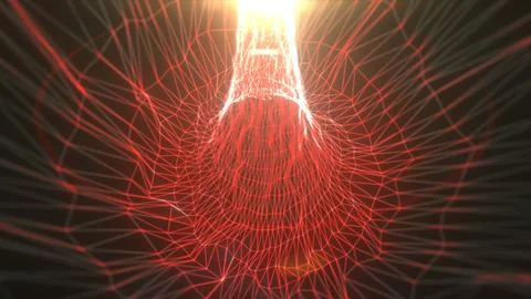 Radiant red digital wireframe forming a funnel-shaped burst of light, creat.. Stock Illustration