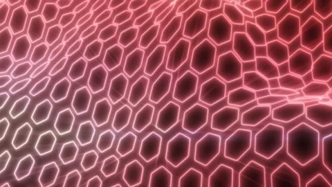 Radiant red hexagonal mesh with glowing edges, forming a dynamic wave pattern Stock Photos
