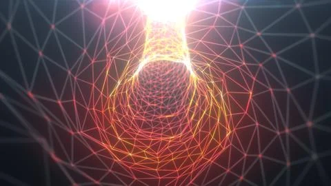 Radiant red-orange digital wireframe vortex swirling with light and geometr.. Stockillustratie