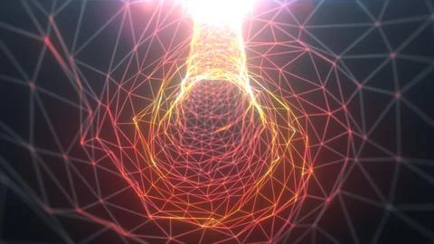 Radiant red-orange digital wireframe vortex swirling with light and geometr.. Stock Illustration