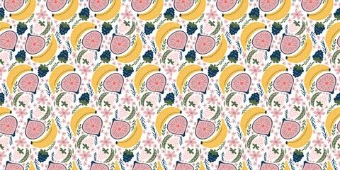 Radiant seamless pattern featuring bananas, figs, blackberries, white straw.. Stock Illustration