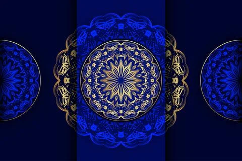 Radiant Star Mandala Pattern In Blue And Gold Abstract Artwork Stock Illustration