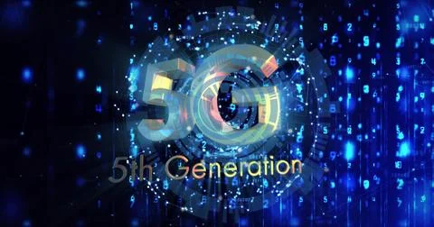 Radiating 5G text and 5th Generation lettering in cyberspace, with data rings Stock Illustration