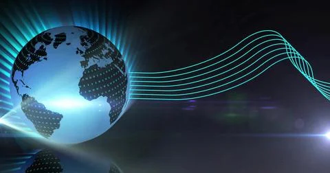 Radiating binary globe sending cyan beams, teal waveforms over glossy floor, Illustrazione stock