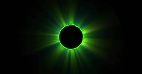 Radiating black circular disc emitting neon green light beams in dark void, with Illustration