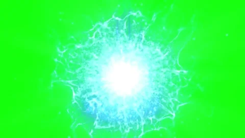 Radiating blue energy explosion with glowing light particles on a vibrant green Stock Footage 339123633
