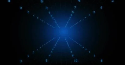 Radiating bright blue core pulling dotted numeric lines inward in data tunnel, Stockillustratie