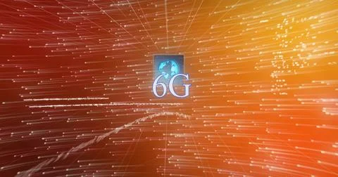 Radiating centered 6G logo with globe icon pulsing across abstract network, with Stock Illustration