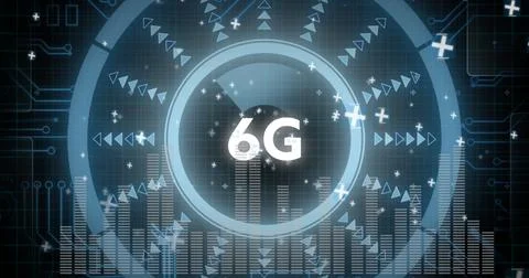 Radiating central 6G label pulsating across grid, with concentric circles, Stock Photos