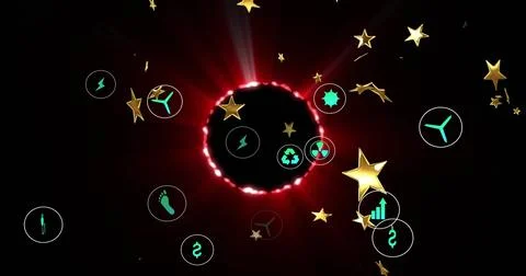 Radiating central black void with red ring in dark space, displaying teal icons Stock Illustration