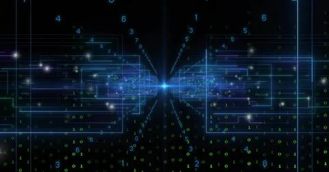 Radiating central blue light converging through data tunnel with circuit lines, 스톡 일러스트
