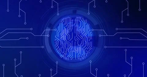 Radiating central circuit globe sending white traces in abstract digital space, Stock Illustration
