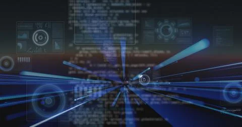 Radiating central data tunnel in virtual dashboard pulling blue streaks, code Illustration