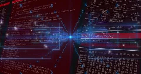 Radiating central glowing node streaming data across security interface, with Stockillustratie