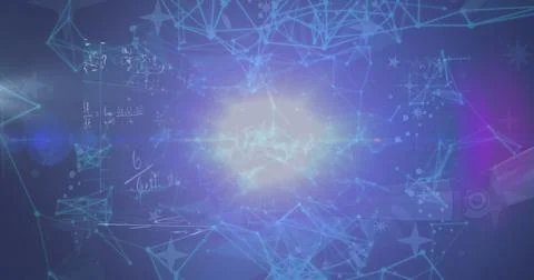 Radiating central glowing orb projecting network nodes and lines in digital Foto stock