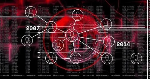 Radiating central hub node connecting avatar nodes across digital dashboard, Stock Photos