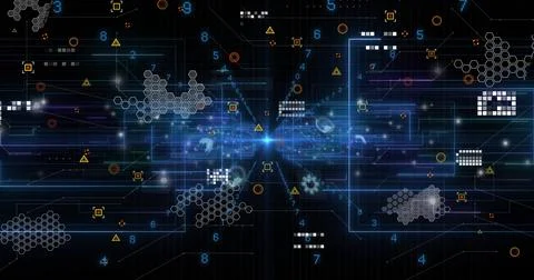 Radiating central node sending blue beams in dark digital network, with hex Stockfoto's