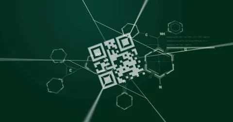 Radiating central QR code sending glowing lines in green grid, with molecular Stockfoto's