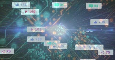 Radiating circuit board in digital interface, displaying panels with thumbs-up Illustrazione stock