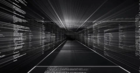 Radiating data corridor flowing to vanishing point in tunnel, showing floating Stock Photos