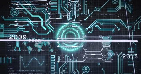 Radiating glowing circular HUD element drawing circuit traces in HUD panel, with Stock Illustration