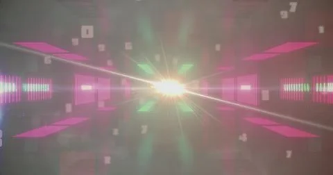 Radiating glowing light source creating depth in virtual data tunnel with neon Stock Photos