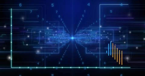 Radiating glowing node sending neon streams amid digits via teal line bar graphs Stockillustratie