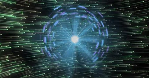 Radiating light from central orb in virtual data field, with segmented rings and Stock Photos